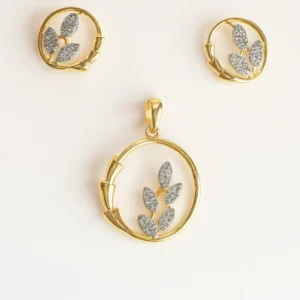 Modern Silver Circle Leaf Pendant Earrings Set with American Diamond