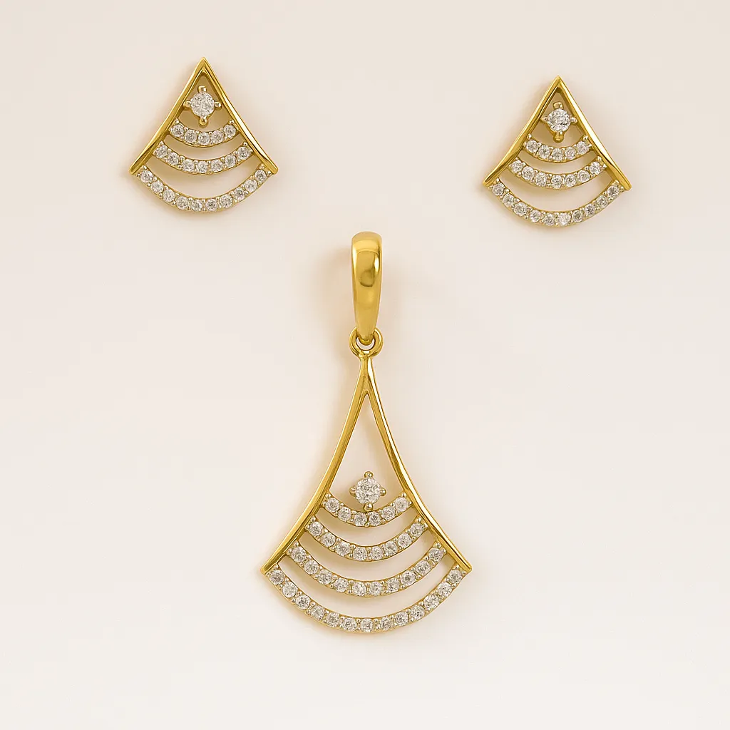 Charming Silver Triangle Fan Pendant Earrings Set with American Diamond