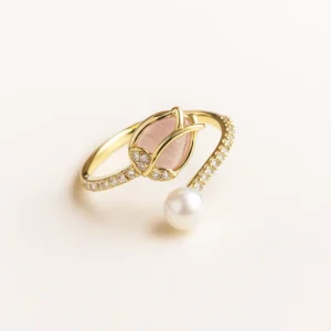Stylish pearl and pink stone floral open gold ring