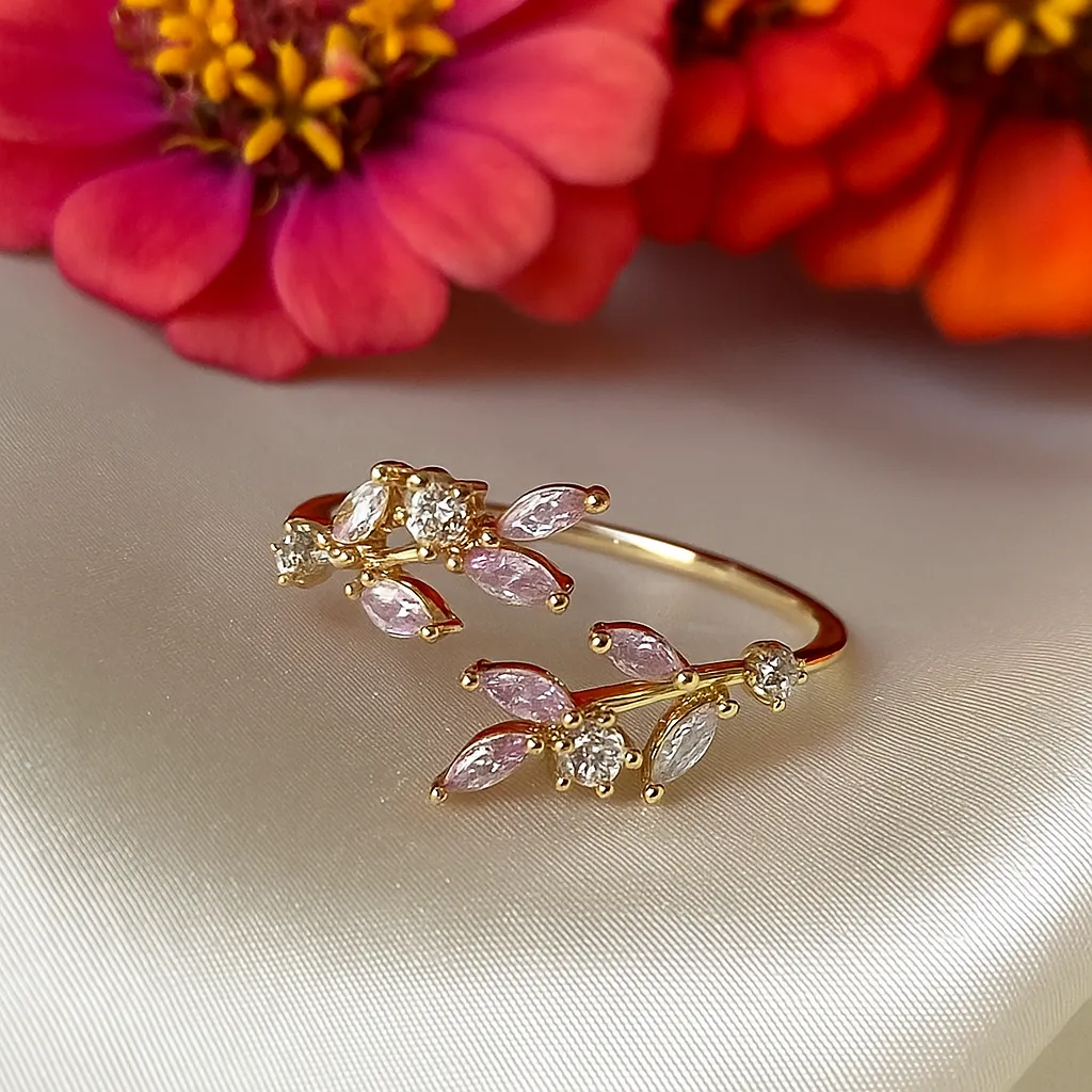Pink and white stone floral branch design sterling silver ring with gold polish
