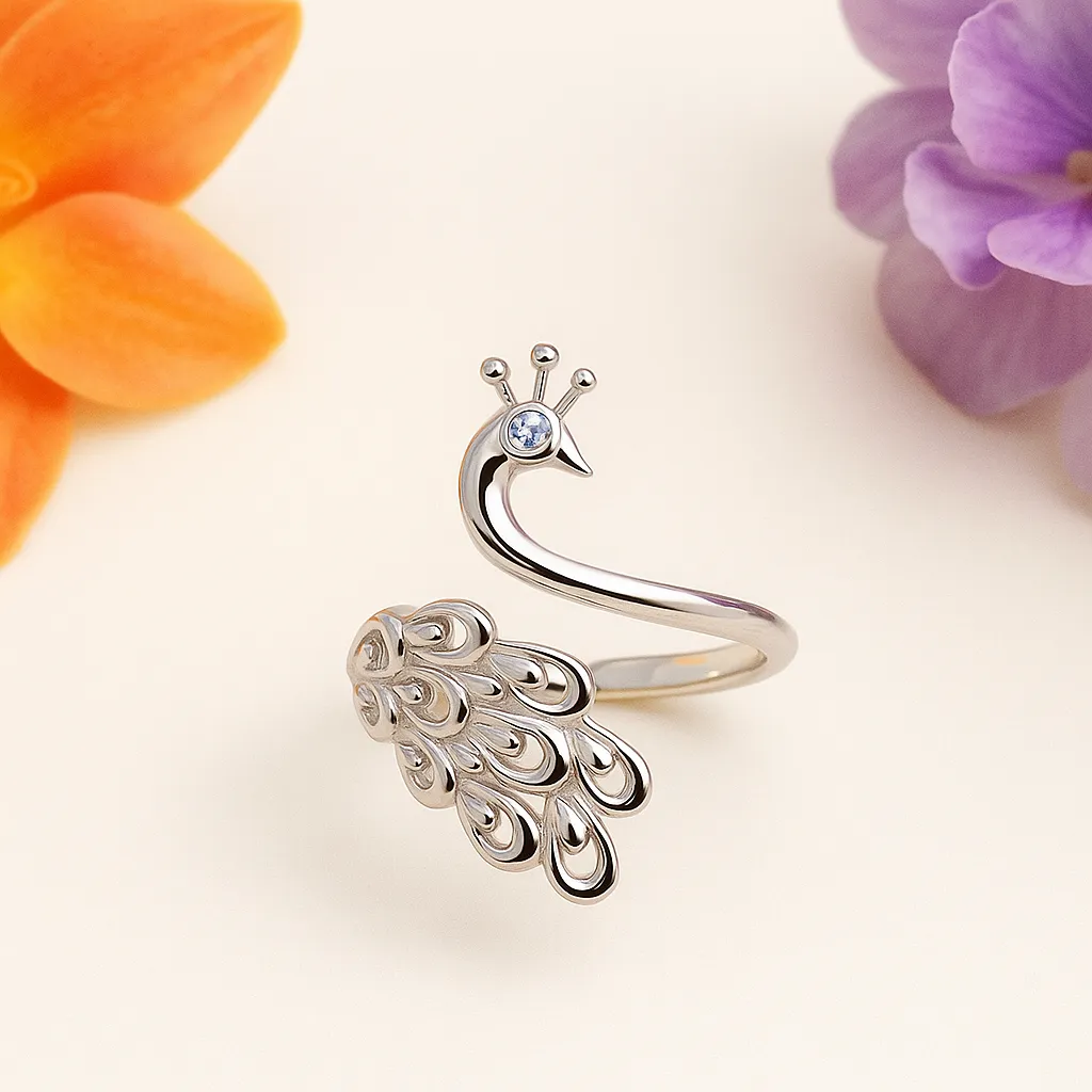 Peacock design sterling silver ring with american diamond accent in silver polish