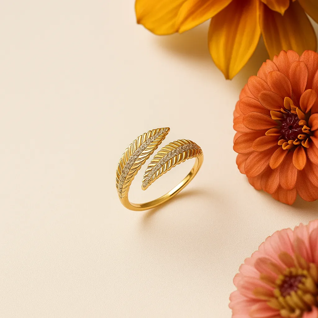 Nature inspired double leaf design sterling silver ring with gold polish