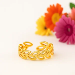 Nature inspired leaf design gold polished silver adjustable ring