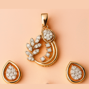 Delicate Silver Paisley Leaf Pendant Earrings Set with American Diamond