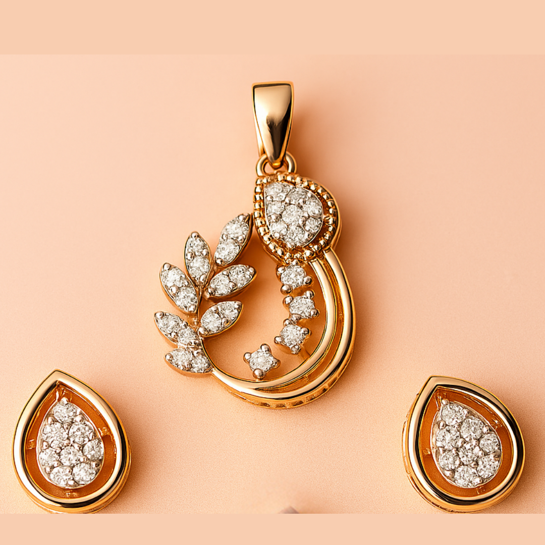 Delicate Silver Paisley Leaf Pendant Earrings Set with American Diamond